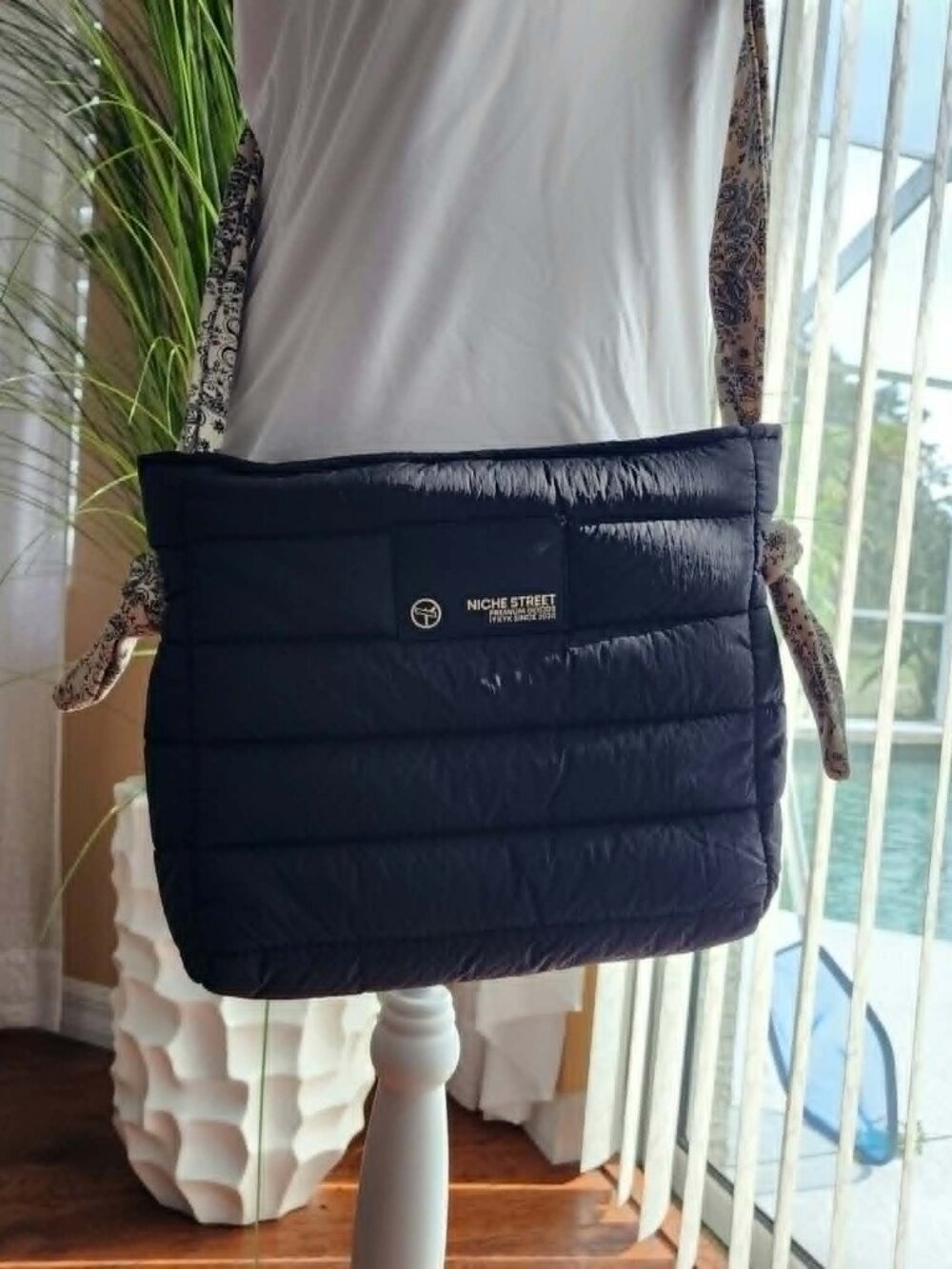 Niche Street Quilted Puffer Crossbody Bag Black Paisley Print